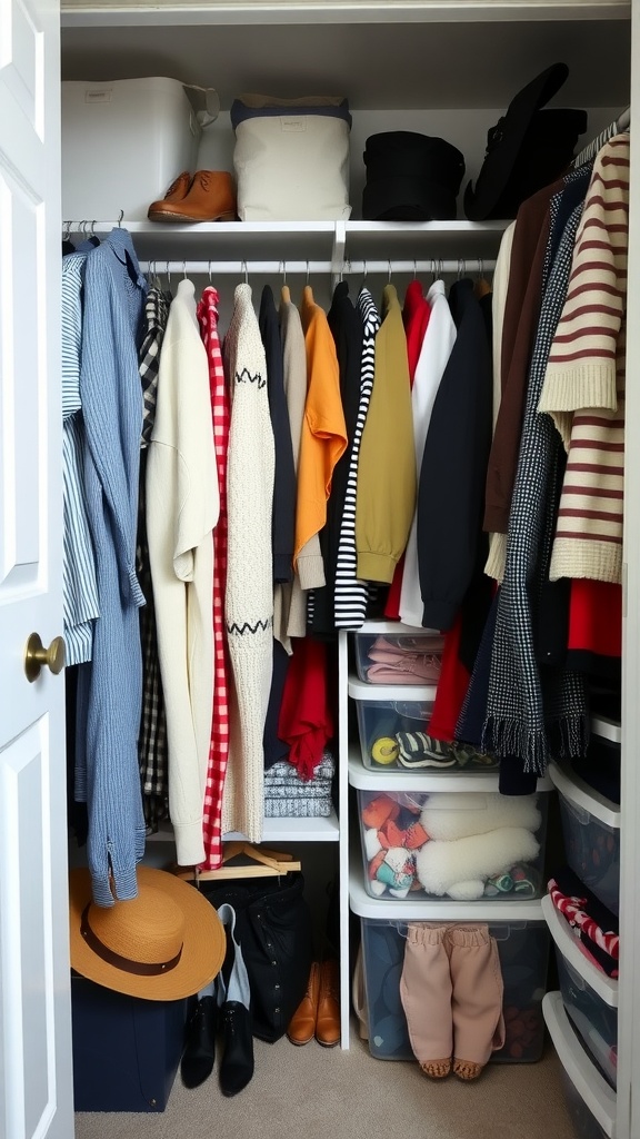 A well-organized small closet featuring seasonal clothing storage with bins and neat hanging clothes.
