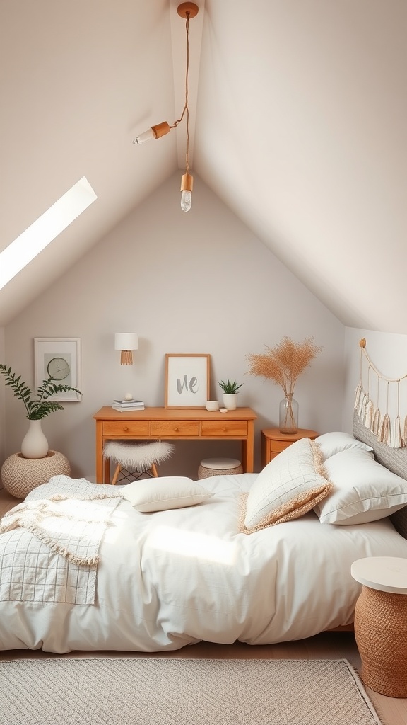 A cozy attic bedroom with angled ceilings, featuring soft neutral colors, natural light, and wooden furniture.