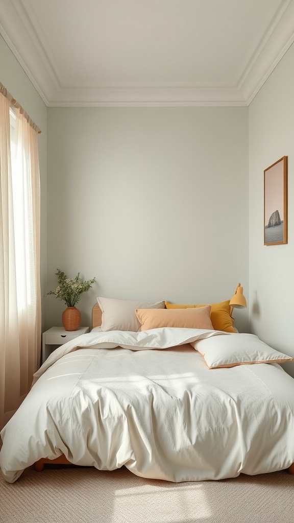 Cozy small bedroom with light green walls, soft bedding, and natural light.