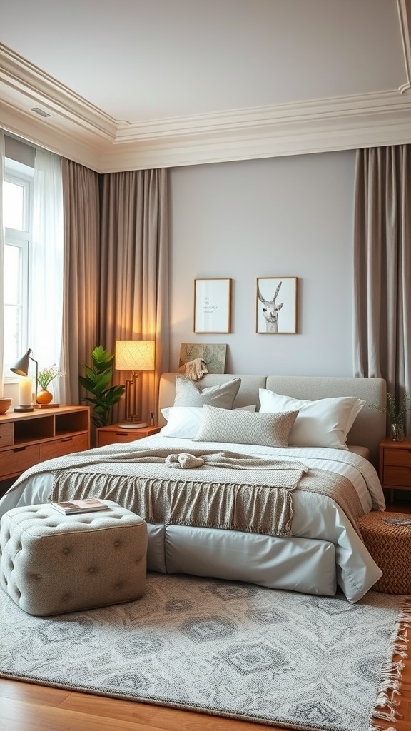 Cozy bedroom with a workspace, featuring soft colors, heavy curtains, and a calming atmosphere.