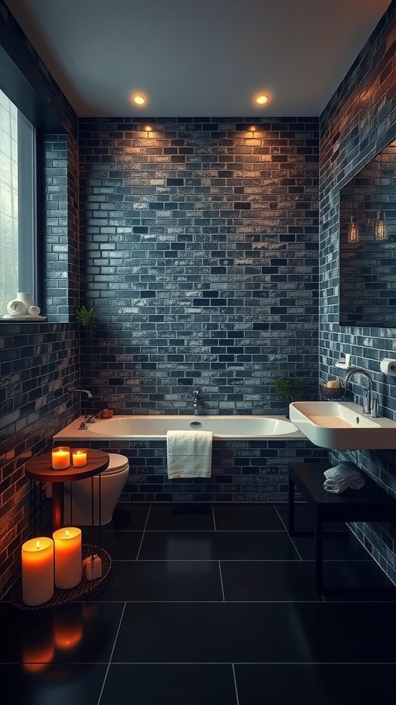 A modern black tile bathroom with a soaking tub, candles, and soft lighting.