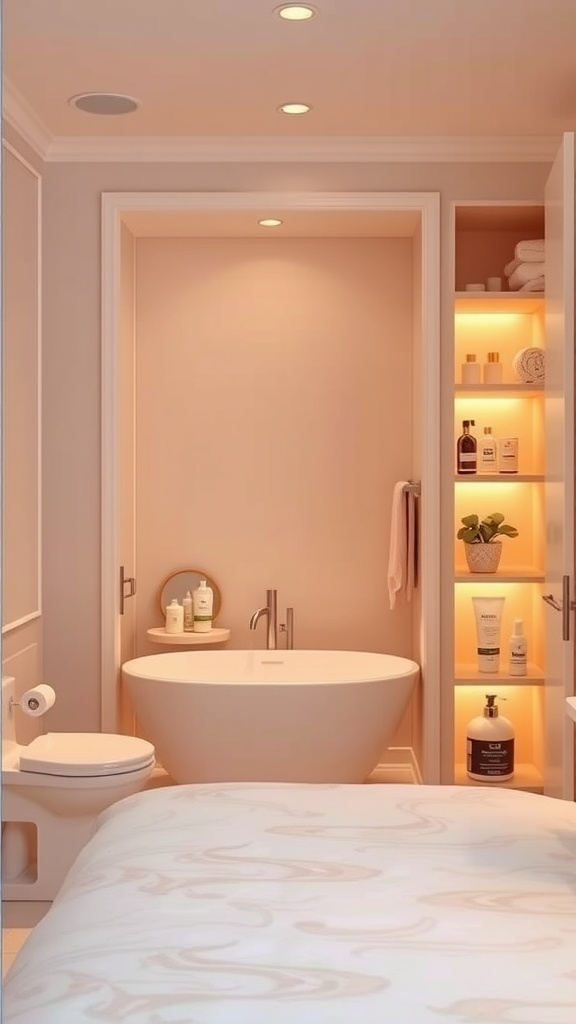 A serene bathroom with soft lighting, featuring a modern tub and illuminated shelves displaying toiletries.