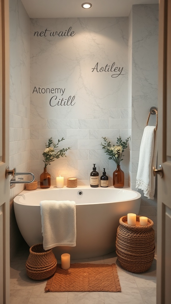 A serene small bathroom featuring a white bathtub, candles, and decorative plants