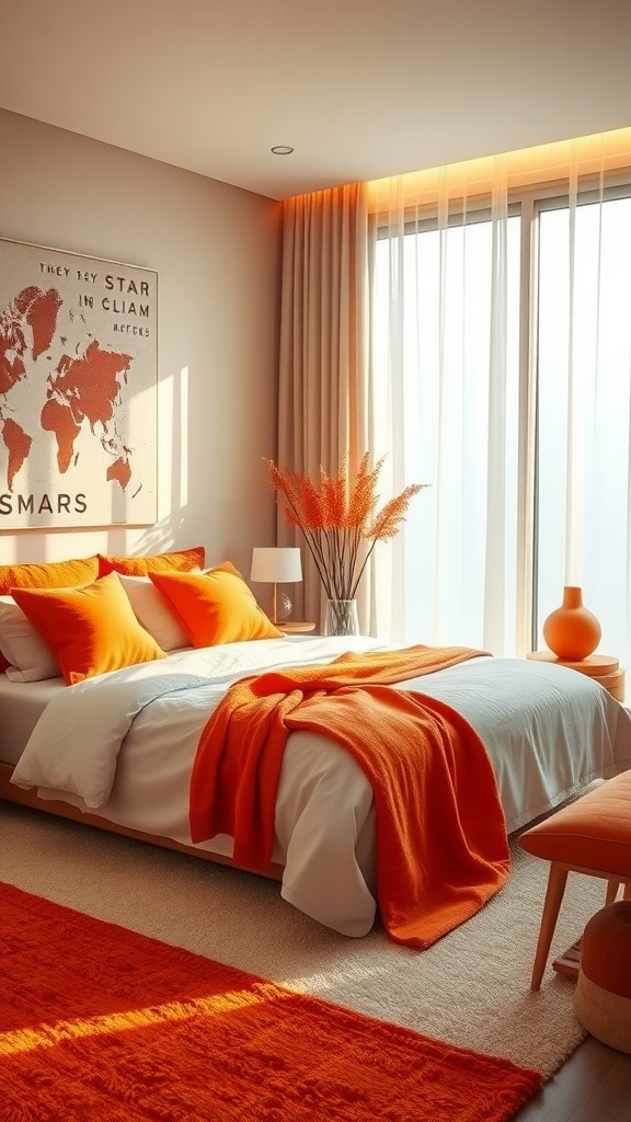 A cozy bedroom featuring burnt orange decor, soft textures, and natural light.