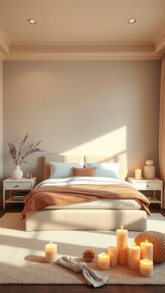 A serene primary bedroom with soft colors, candles, and cozy textiles.