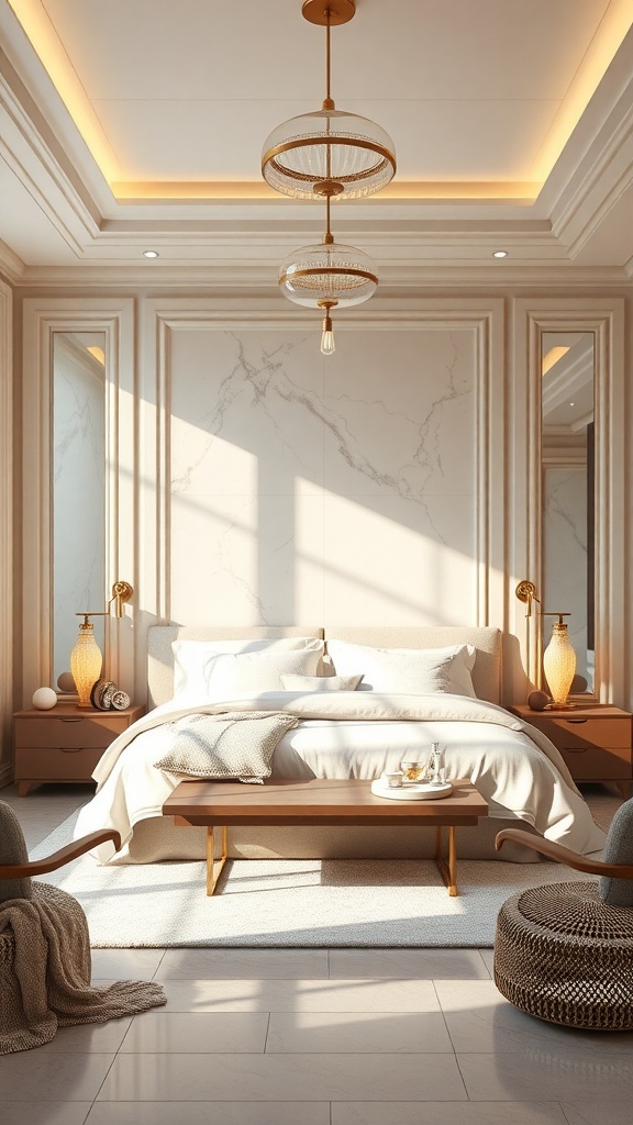 A luxurious bedroom with soft lighting, elegant decor, and a cozy atmosphere.