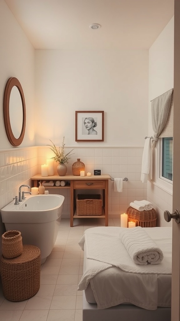 A small bathroom with a freestanding tub, candles, and natural accessories creating a spa-like atmosphere.