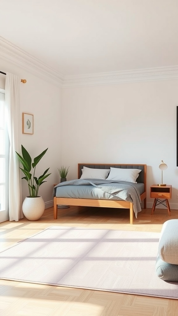 Bright bedroom with a bed, plants, and open space ideal for yoga and stretching.