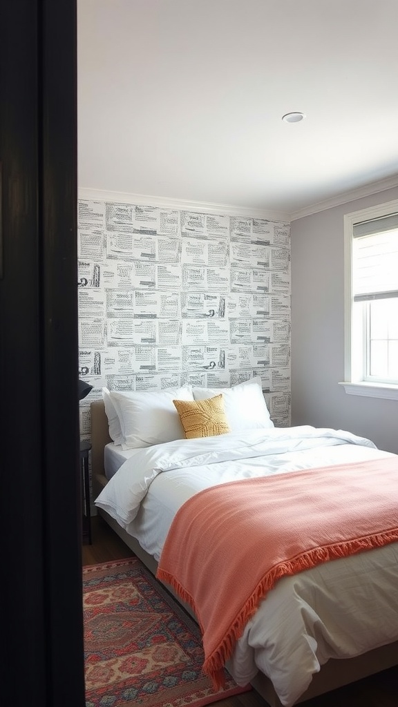 Cozy bedroom with a statement wall featuring black and white print wallpaper and soft bedding