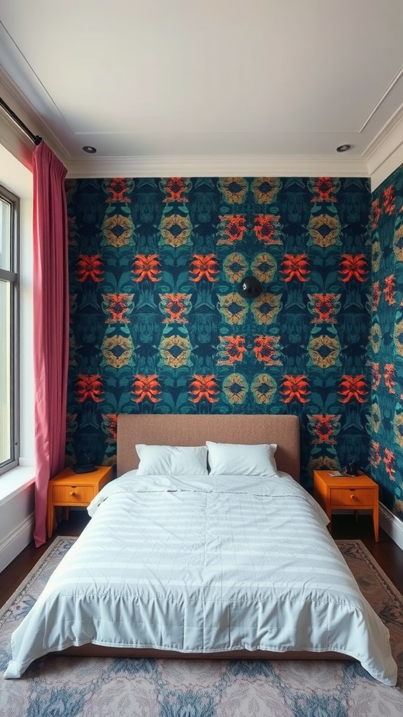 A bedroom featuring a bold floral wallpaper with a double bed and colorful nightstands.