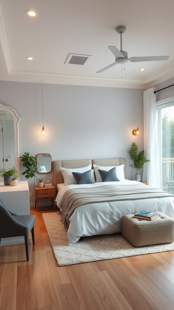 A cozy bedroom with soft lighting, a comfortable bed, and plants, creating a serene atmosphere.