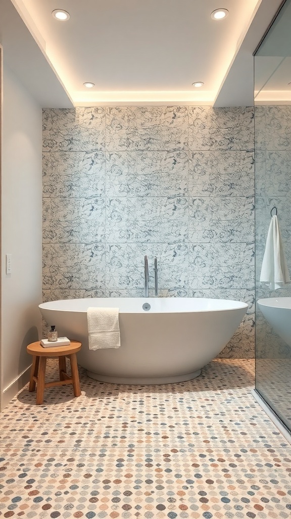 A modern bathroom with a terrazzo tile mosaic floor and a freestanding bathtub.