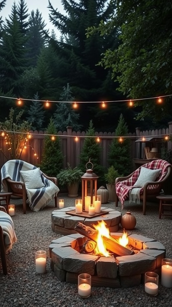 A cozy backyard fire pit area with stone seating, blankets, candles, and string lights.