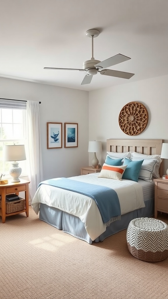 Bright guest bedroom with cozy bedding and coastal decor