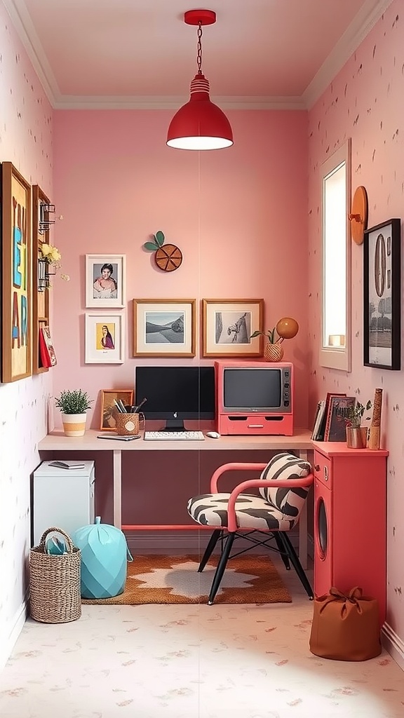 Cozy box room with pink walls, desk setup, and retro decor.