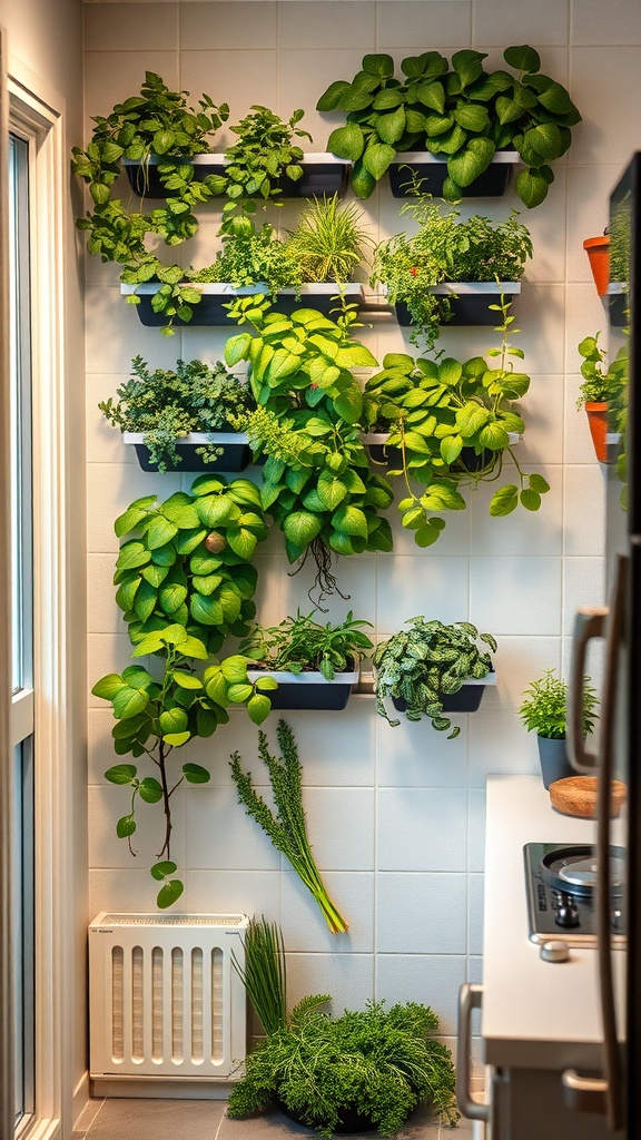 Vertical garden on a kitchen wall with various green plants