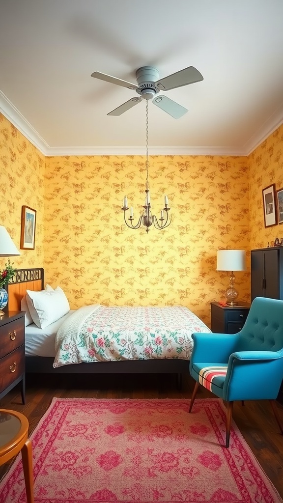 A vintage-inspired bedroom featuring mustard yellow wallpaper, dark wood furniture, and colorful accents.