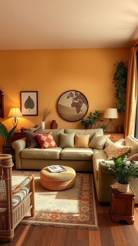 A cozy family room with warm orange walls, a green sofa, and wooden furniture.