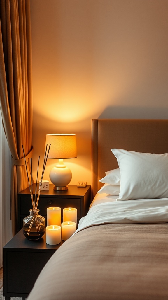 A cozy guest bedroom featuring soft bedding, a warm lamp, and scented candles.