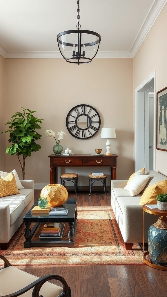 A stylish living room with neutral-colored furniture, a coffee table, a plant, and decorative accents.