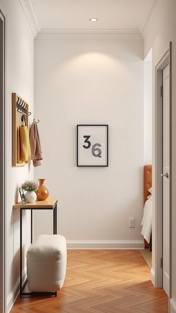 A welcoming entryway with a console table, coat rack, and decorative elements.