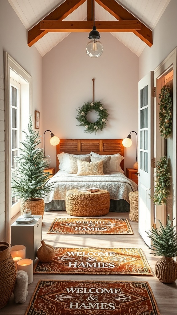 A cozy winter entryway with a wreath, small trees, and warm lighting.