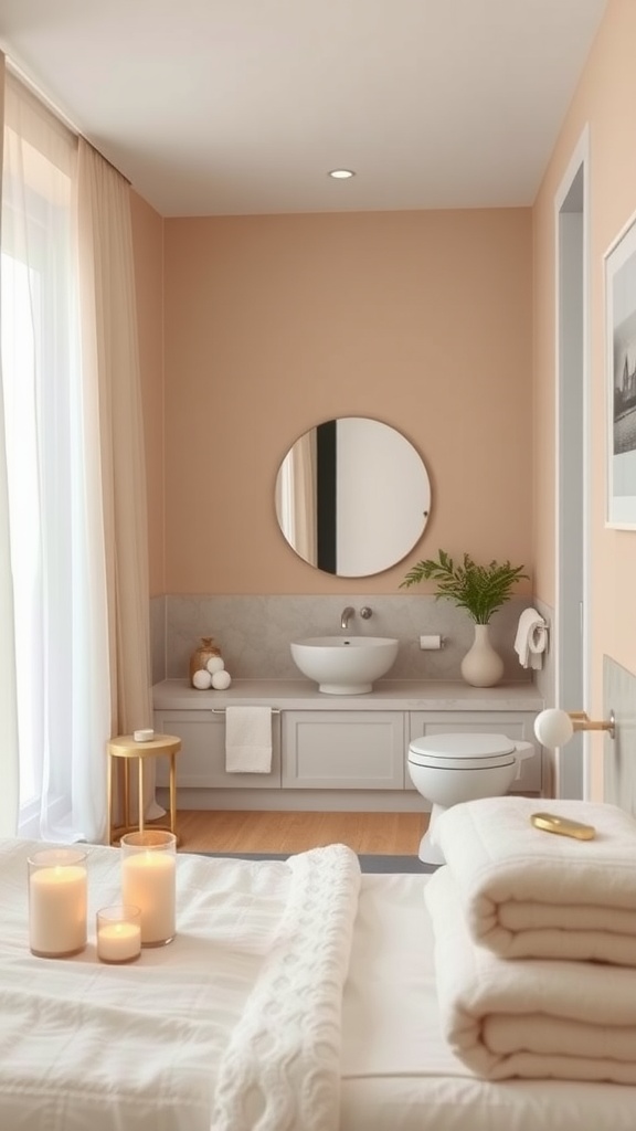 A serene bathroom with peach walls, a round mirror, candles, and soft towels.