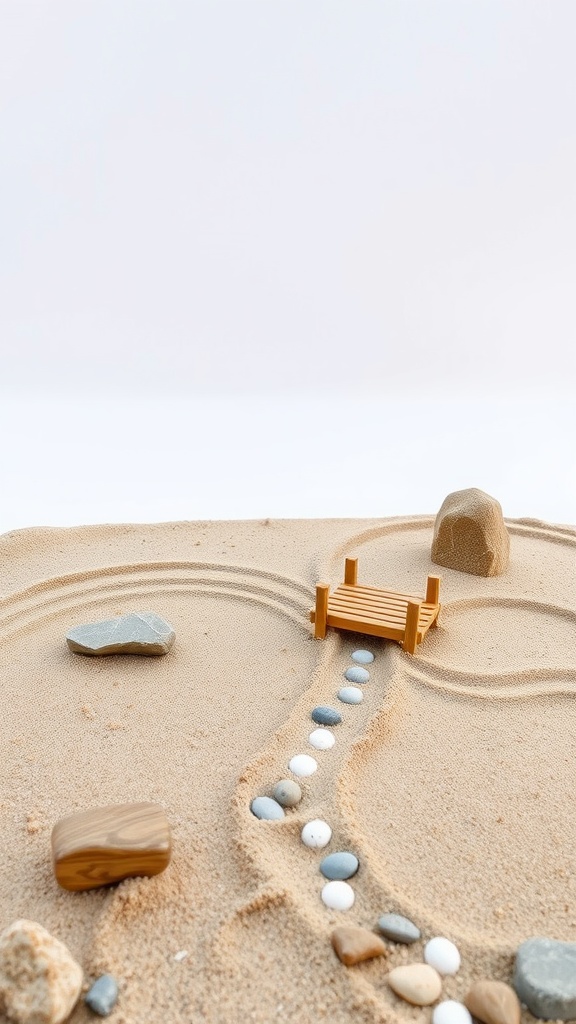 A miniature Zen garden with sand, stones, and a wooden bridge.