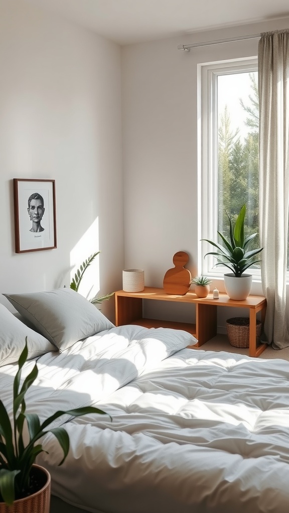 A calm and organized bedroom with a bed, wooden shelf, plants, and natural light.