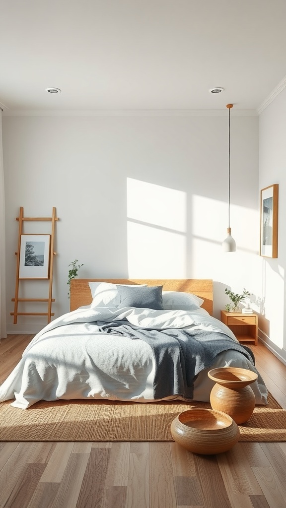 A serene Korean-inspired bedroom with a wooden bed, cozy linens, and minimalist decor.