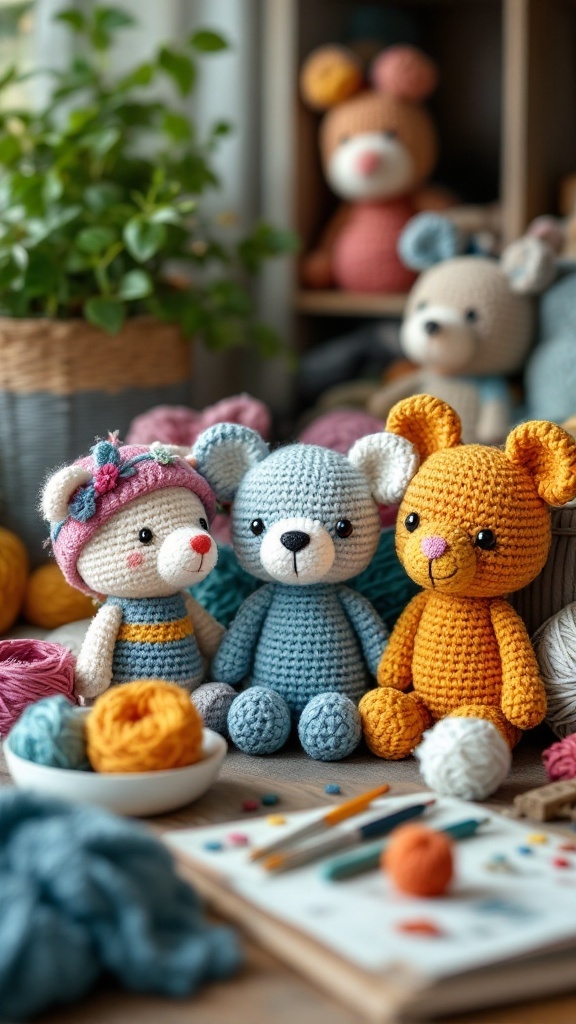 Crochet stuffed animals including a bear, a blue bear, and an orange cat, surrounded by colorful yarn and craft supplies.