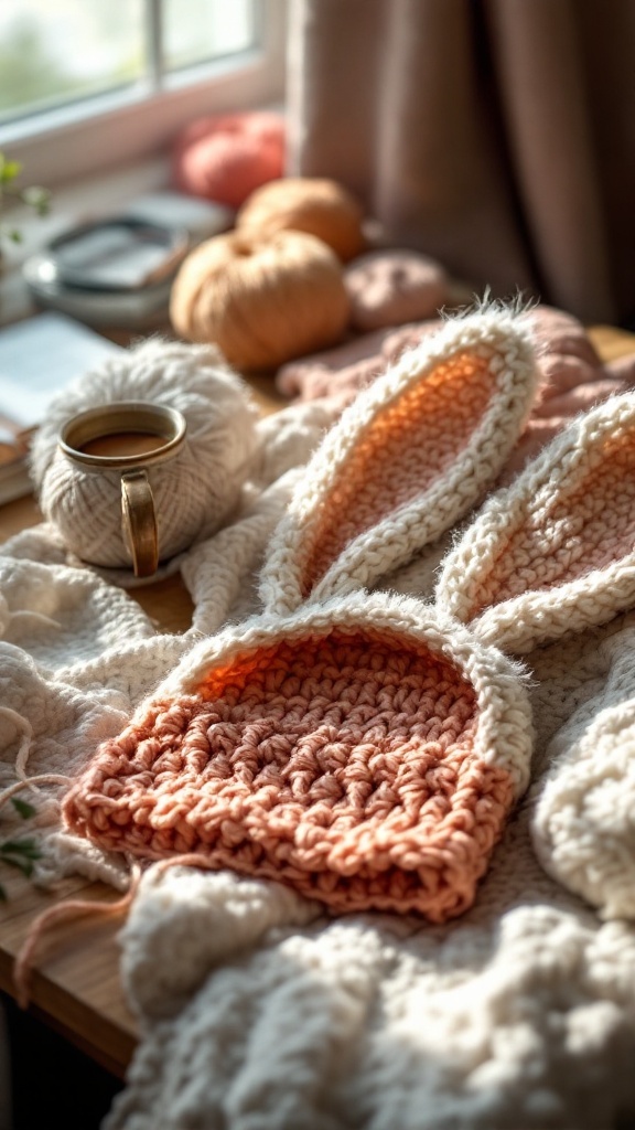 Crochet bunny hat with long ears, surrounded by yarn and a cup of tea on a wooden table