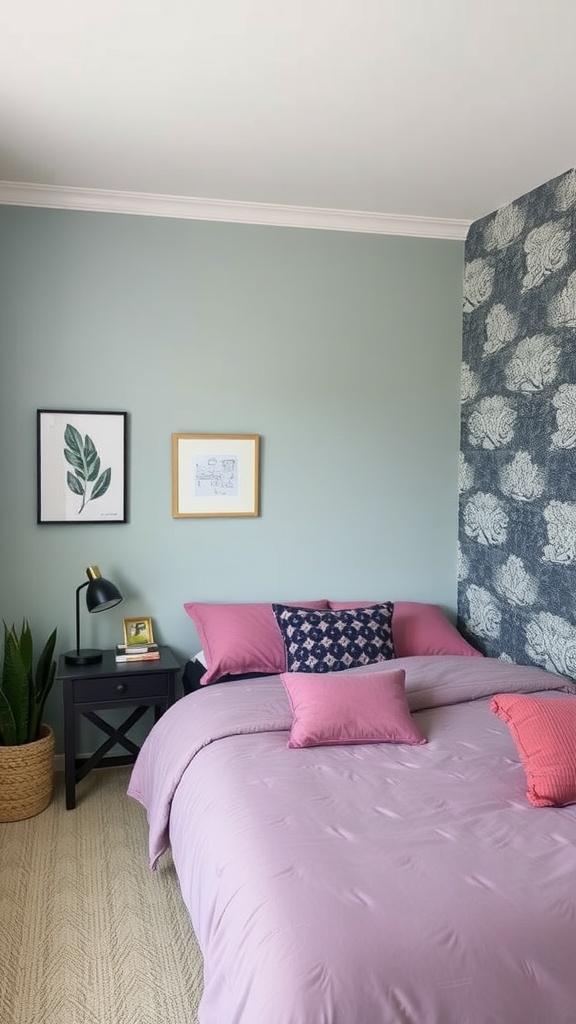 Small bedroom with an accent wall and pink bedding