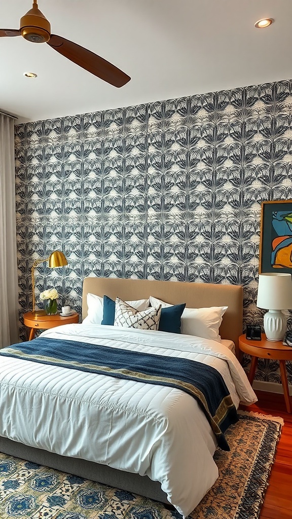 A stylish bedroom featuring an accent wall with wallpaper, a cozy bed, and decorative elements.