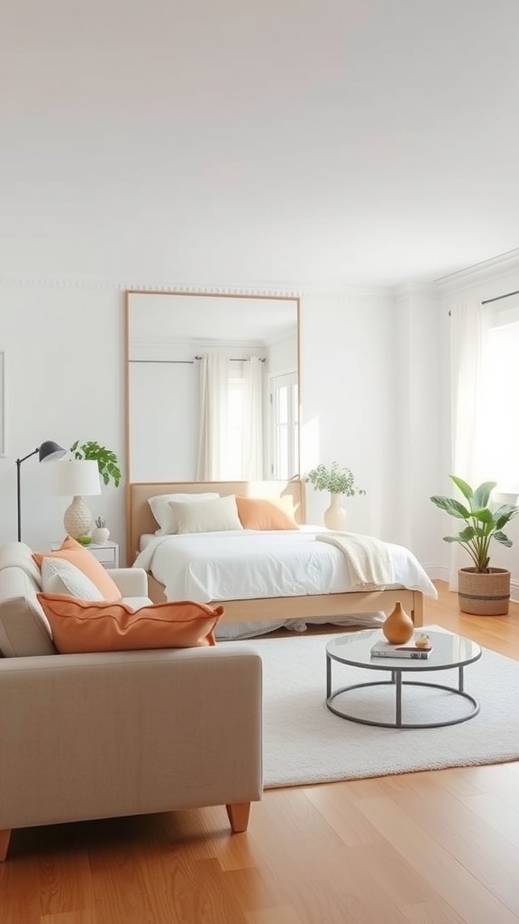 A bright living room featuring a large mirror above a bed, showcasing a cozy and open space with plants and soft furnishings.