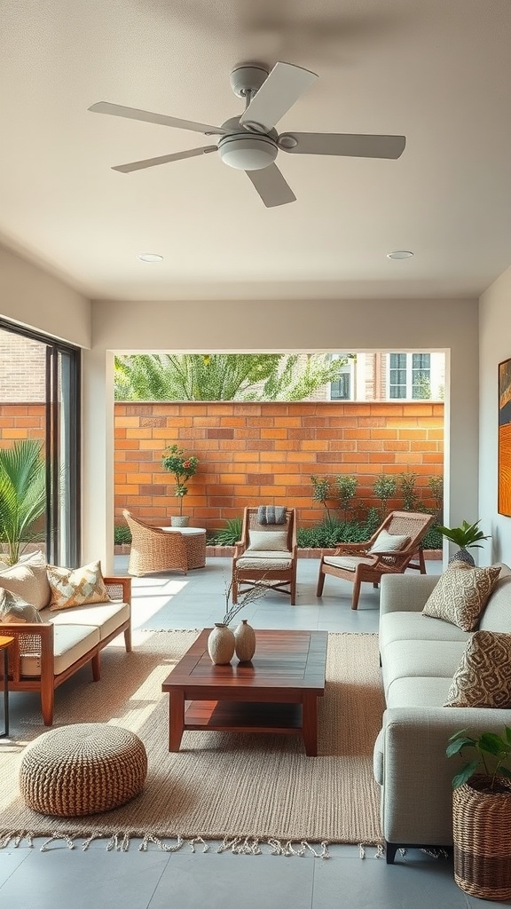 A bright and inviting living room with large windows, natural materials, and a view of greenery