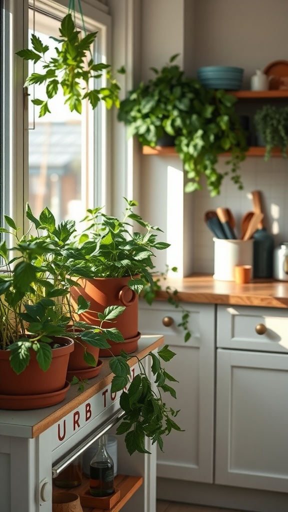 Indoor herb garden with various plants in pots on a kitchen cart, bright sunlight coming through the window.