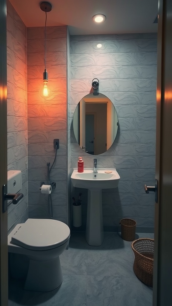 A small, modern bathroom featuring a hanging light, mirror, and sink with a warm ambiance.