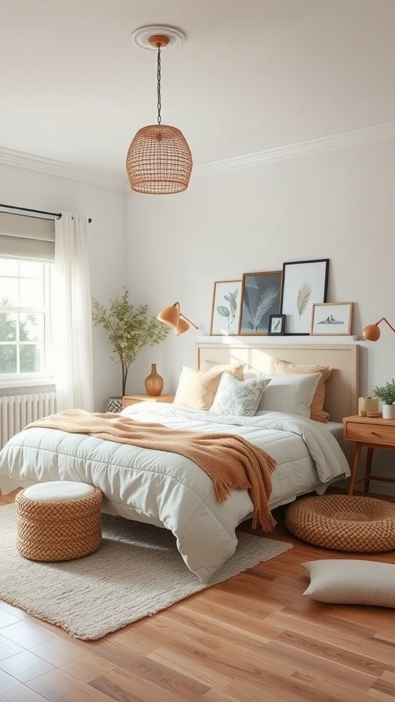 Cozy Scandinavian boho bedroom with soft linens, natural materials, and warm lighting