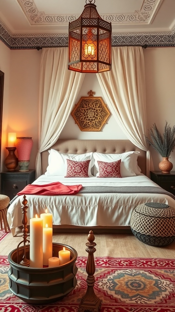A cozy Moroccan bedroom with candles, intricate decor, and soft textiles.