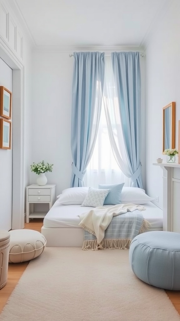 A small guest bedroom with light blue curtains and soft bedding, featuring a cozy atmosphere