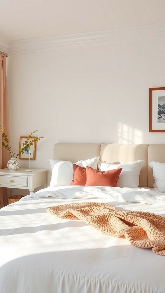Cozy guest bedroom with a neatly made bed, soft pillows, and a warm throw.