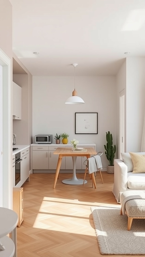 A modern apartment kitchen with an open concept design, featuring light-colored cabinets, wooden flooring, and a dining table.