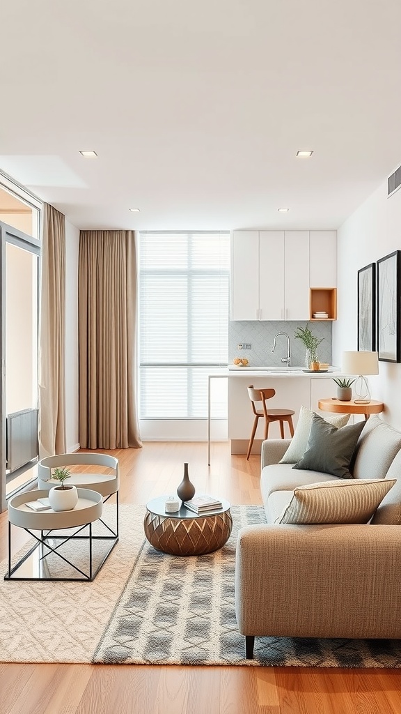 Open concept living area in a one-bedroom apartment with a sofa, coffee table, and kitchen.