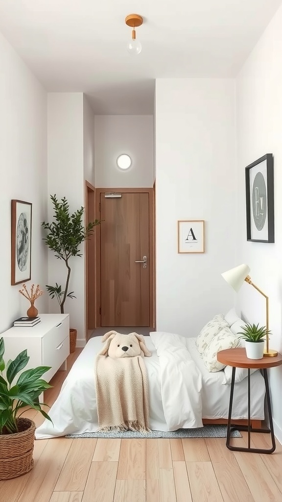 A well-decorated narrow bedroom featuring a bed, plants, and minimal decor.