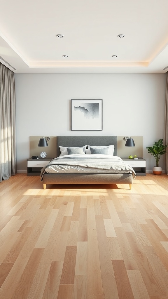 A stylish small bedroom featuring a king bed, minimalist furniture, and natural light.