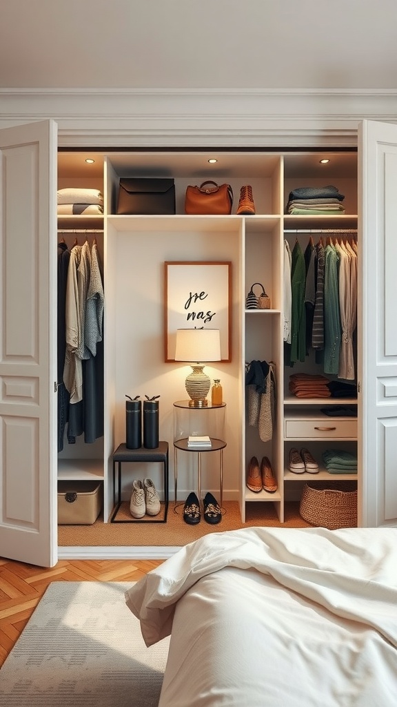 A stylish open wardrobe concept in a bedroom, showcasing organized clothing and accessories.