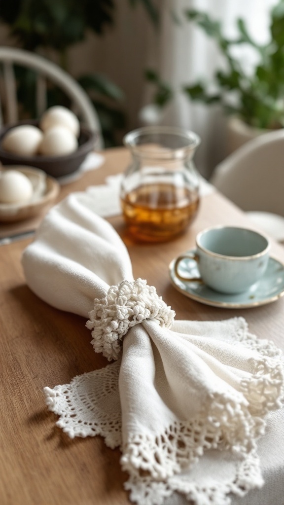 A beautifully arranged table with a crochet napkin ring holding a white napkin, accompanied by a glass teapot and a cup.