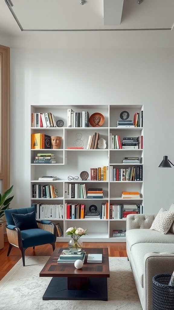 A modern living room featuring a stylish bookshelf filled with books and decorative art pieces, with a cozy seating area.