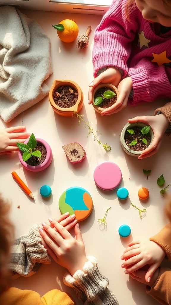 Children's hands working on colorful clay planters with small plants and crafting materials.